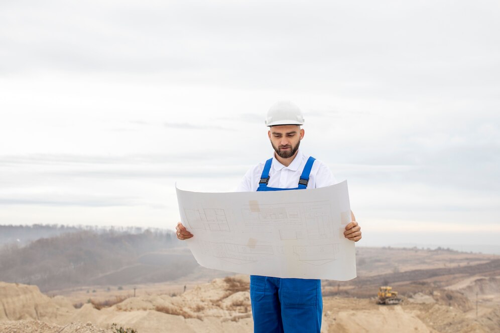 An engineer on a plot of land looking at building plans
