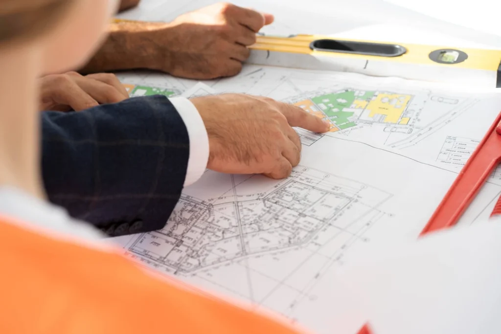 Surveyors reviewing plans to locate property boundaries.