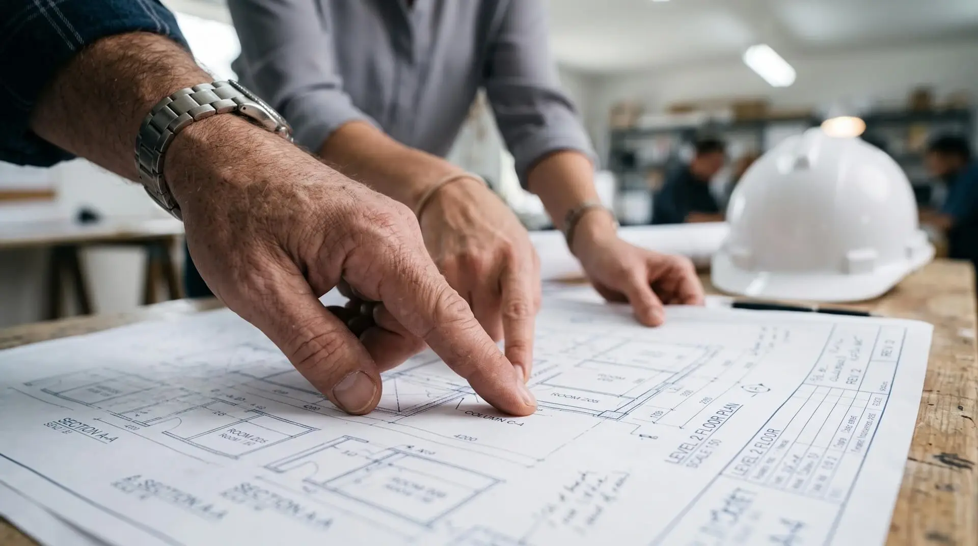 Construction professionals reviewing building plans.